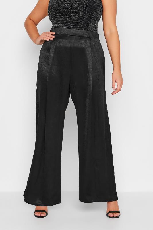 Curve Womens Plus Size Black Satin Wide Leg Trousers | Yours Clothing  1