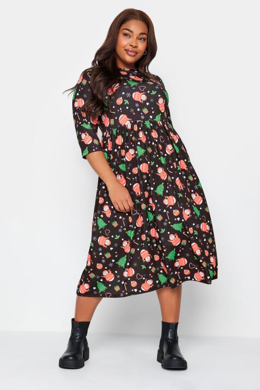 LIMITED COLLECTION Plus Size Black Snowman Print Christmas Smock Dress | Yours Clothing 2