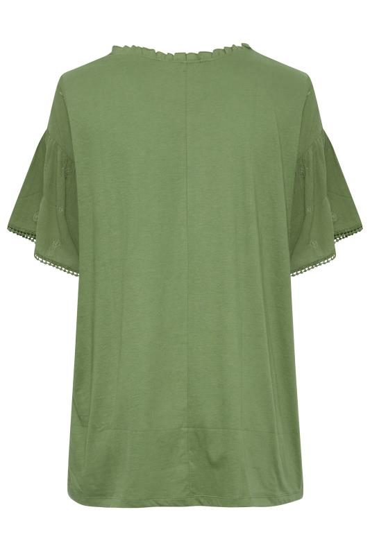 YOURS Curve Plus Size Khaki Green Tie Neck Embroidered Top | Yours Clothing  8