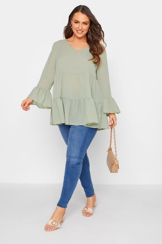 YOURS LONDON Curve Sage Green Ruffle Sleeve Tiered Smock Top 2