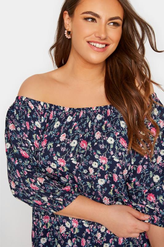 Plus Size Navy Blue Floral Print Bardot Top | Yours Clothing 4