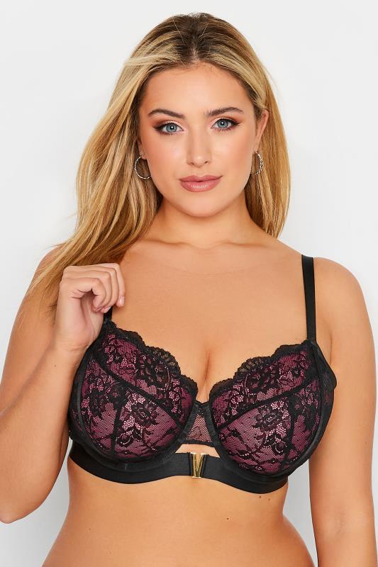 Black & Pink Lace Mesh V-Bar Non-Padded Underwired Bra | Yours Clothing 1