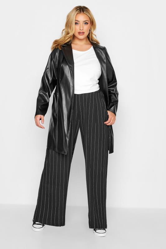 Curve Black Pinstripe Wide Leg Stretch Dad Trousers | Yours Clothing 2