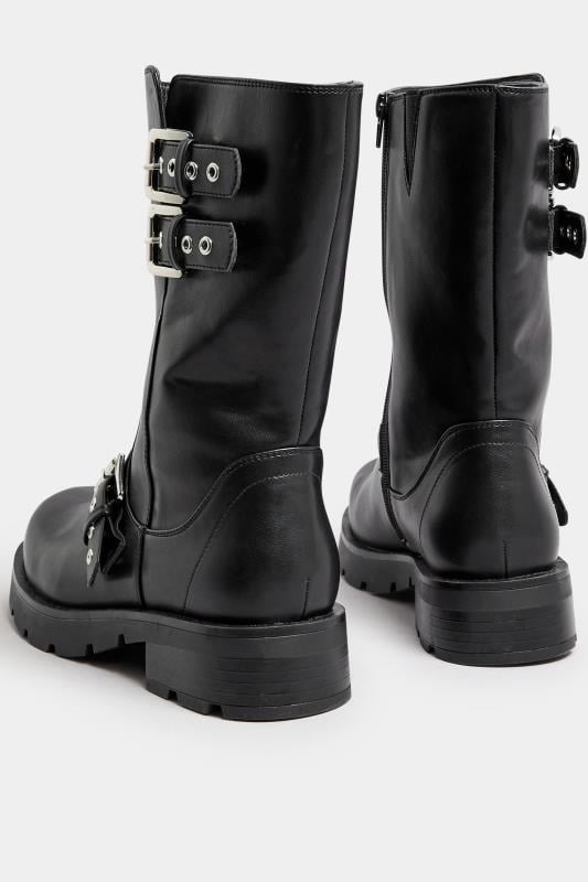 Biker Stiefel in Schwarz mit weitem Schaft aus Lederimitat mit extra weiter EEE Passform Yours Clothing