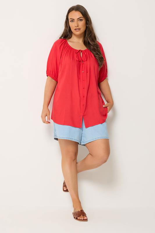 YOURS Plus Size Red Button Through Tie Neck Top | Yours Clothing 1