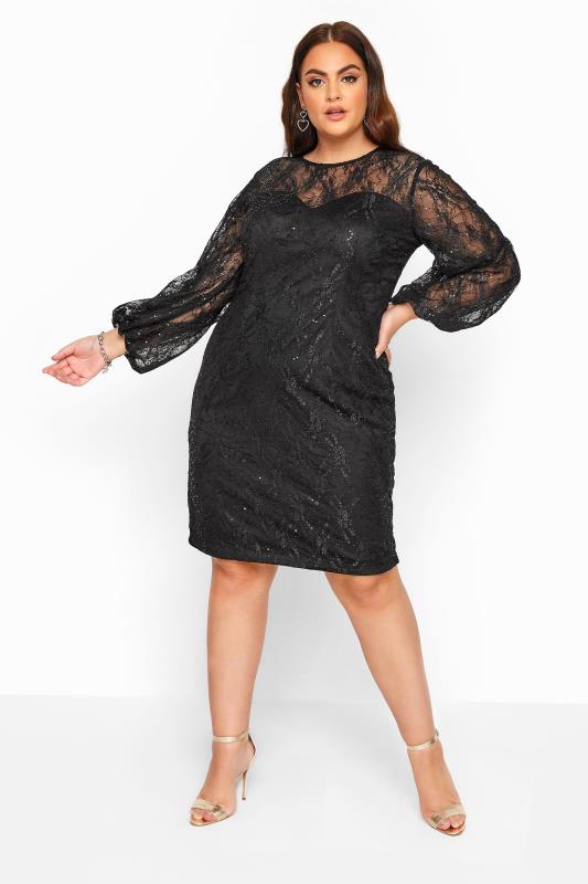 CHI CHI Black Sequin Embroidered Balloon Sleeve Dress | Yours Clothing