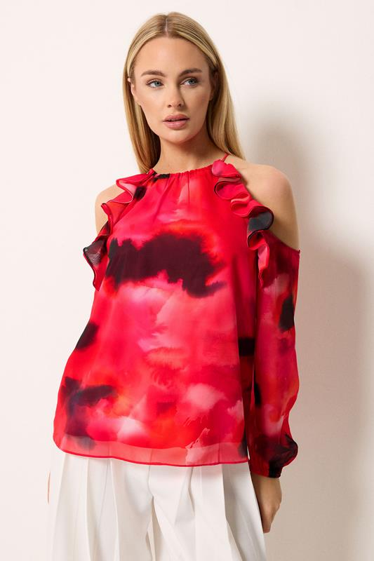  STAR Red Blurred Floral Cold Shoulder Top