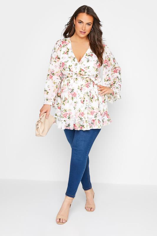 YOURS LONDON Plus Size White Floral Ruffle Wrap Top | Yours Clothing 2