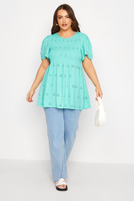 LIMITED COLLECTION Curve Blue Embroidered Shirred Top_B.jpg