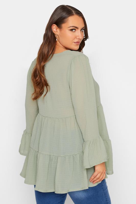 YOURS LONDON Curve Sage Green Ruffle Sleeve Tiered Smock Top_C.jpg