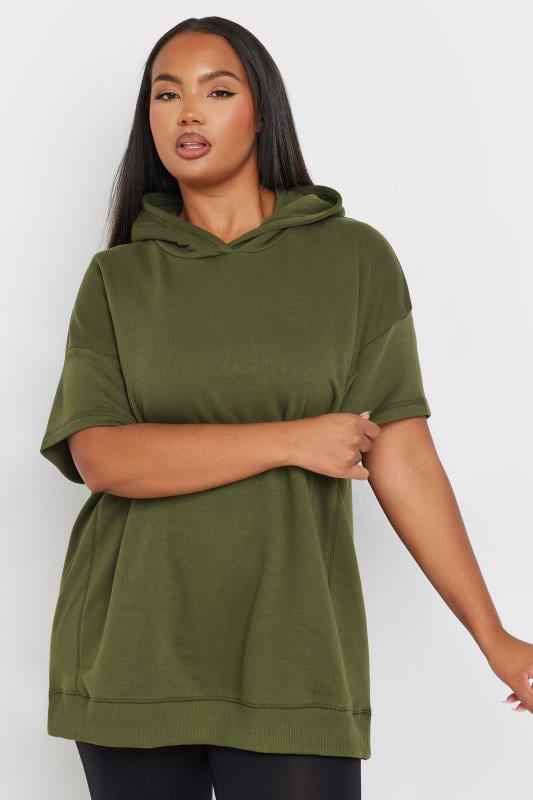 Plus Size  YOURS Curve Khaki Green Oversized Short Sleeve Hoodie