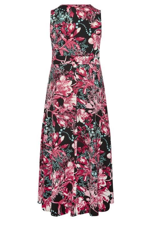 YOURS Plus Size Black & Pink Floral Print Wrap Maxi Dress | Yours Clothing 7