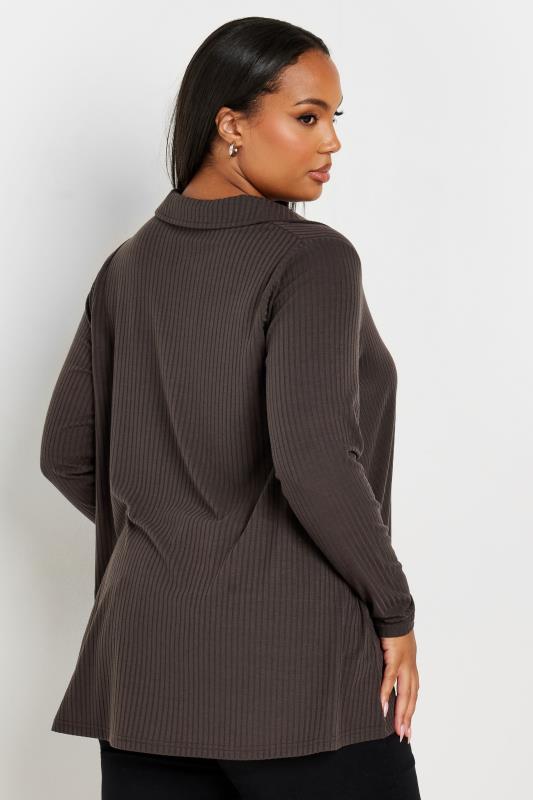 YOURS Plus Size Brown Ribbed Collared Top | Yours Clothing 3