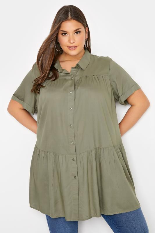 Plus Size Khaki Green Tiered Smock Shirt | Yours Clothing 1