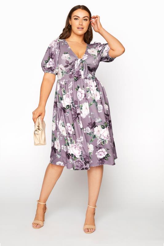 Plus Size YOURS LONDON Lilac Floral Bow Front Dress | Yours Clothing