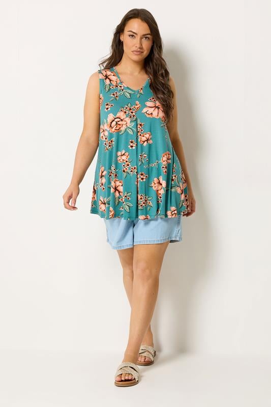 YOURS Plus Size Blue Floral Pleat Vest Top  |Yours Clothing 1