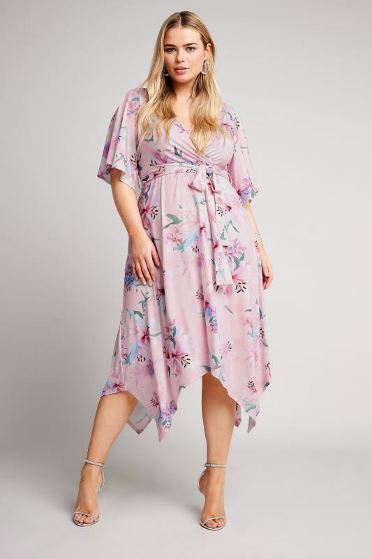 YOURS LONDON Plus Size Light Pink Floral Print Hanky Hem Wrap Dress | Yours Clothing 2