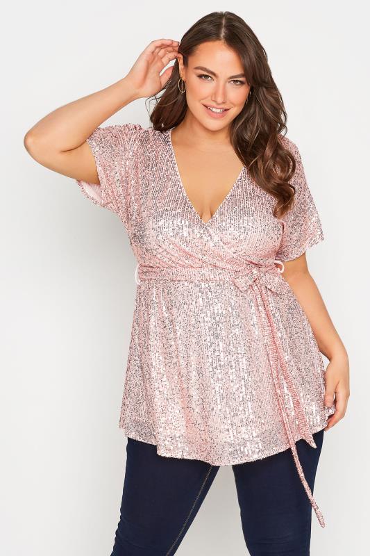  YOURS LONDON Curve Pink Sequin Embellished Wrap Top