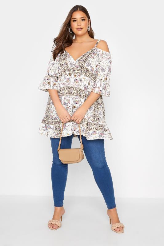 Plus Size White Floral Print Cold Shoulder Top | Yours Clothing  2