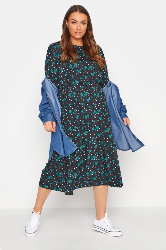 LIMITED COLLECTION Plus Size Black Floral Spot Tiered Smock Midaxi Dress | Yours Clothing 2