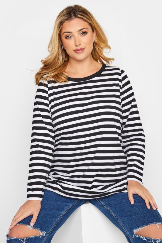  Grande Taille YOURS Curve Black & White Stripe Long Sleeve T-Shirt
