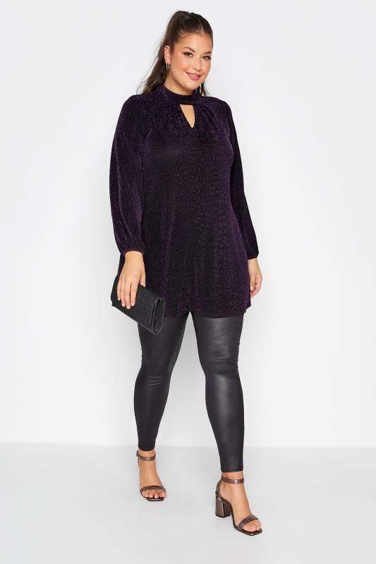 YOURS LONDON Plus Size Black & Purple Glitter Cut Out Swing Top | Yours Clothing 2