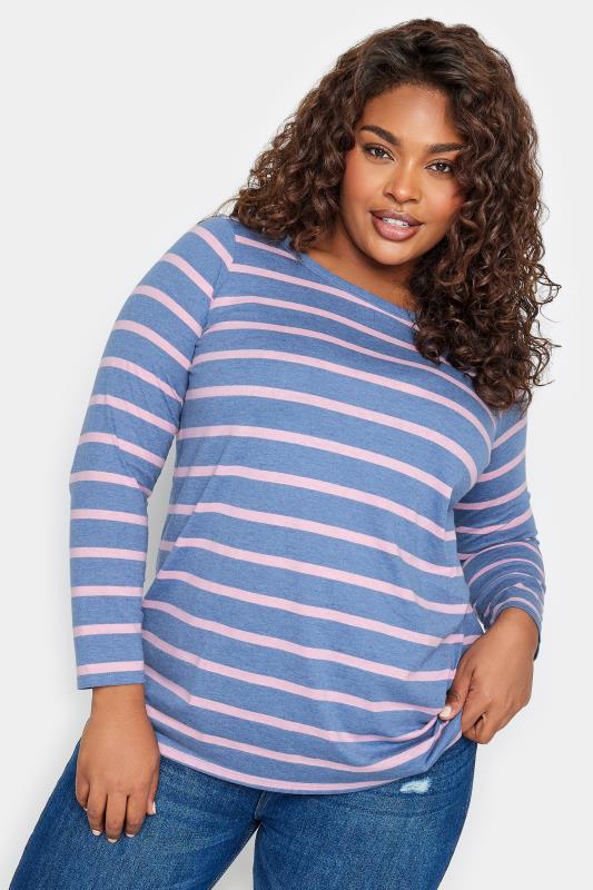 YOURS Curve Blue Stripe Long Sleeve Top | Yours Clothing 1