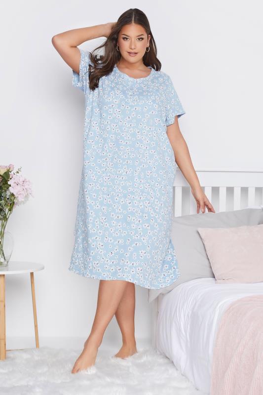  Grande Taille Curve Blue Daisy Print Placket Nightdress