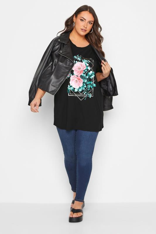 YOURS Curve Plus Size Black Floral Foil Print T-Shirt | Yours Clothing  3