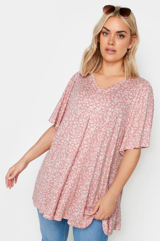 YOURS Plus Size Pink Ditsy Floral Pleat Front Top | Yours Clothing 1