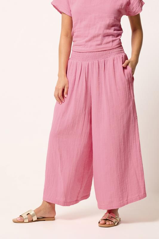 PixieGirl Petite Women's Pink Cotton Cheesecloth Cropped Wide Leg Trousers | PixieGirl 2