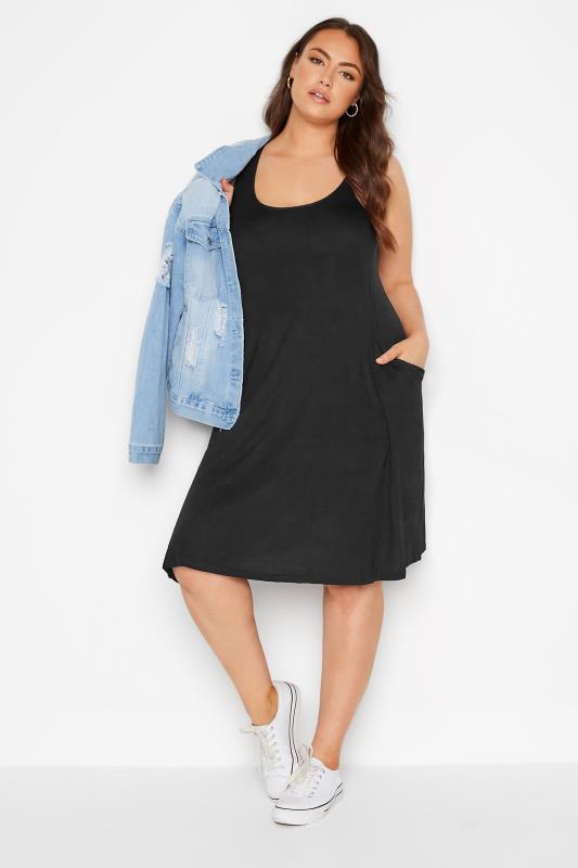 Curve Black Sleeveless Drape Pocket Midi Dress | Yours Clothing 1