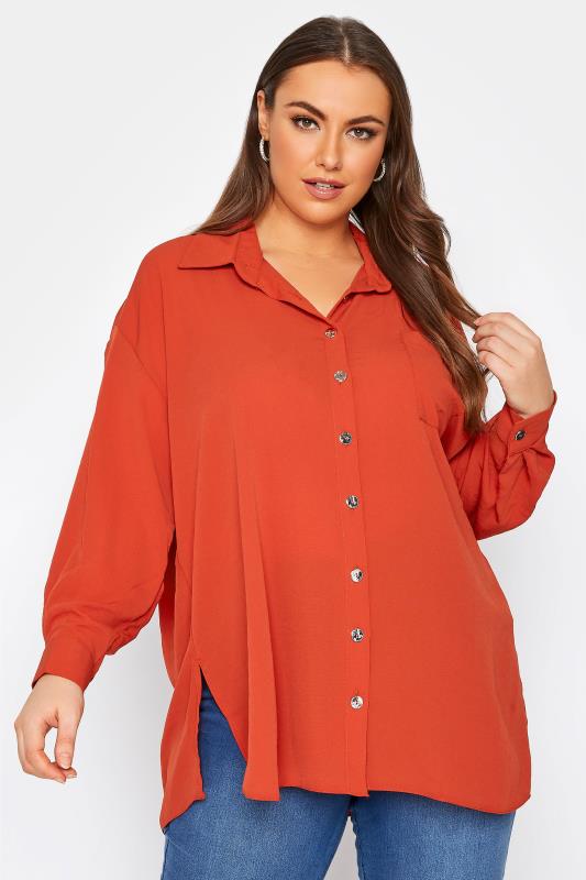 Plus Size  Curve Rust Orange Button Through Shirt