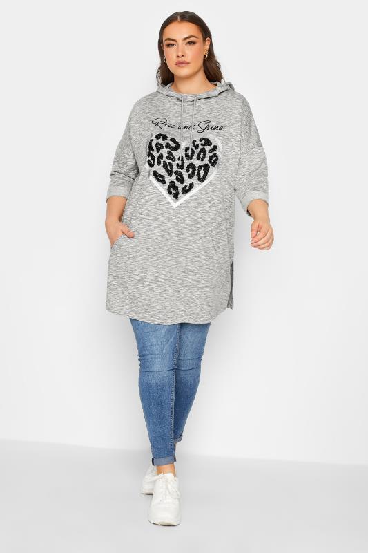 YOURS LUXURY Plus Size Curve Grey 'Rise & Shine' Slogan Heart Print Hoodie | Yours Clothing  3