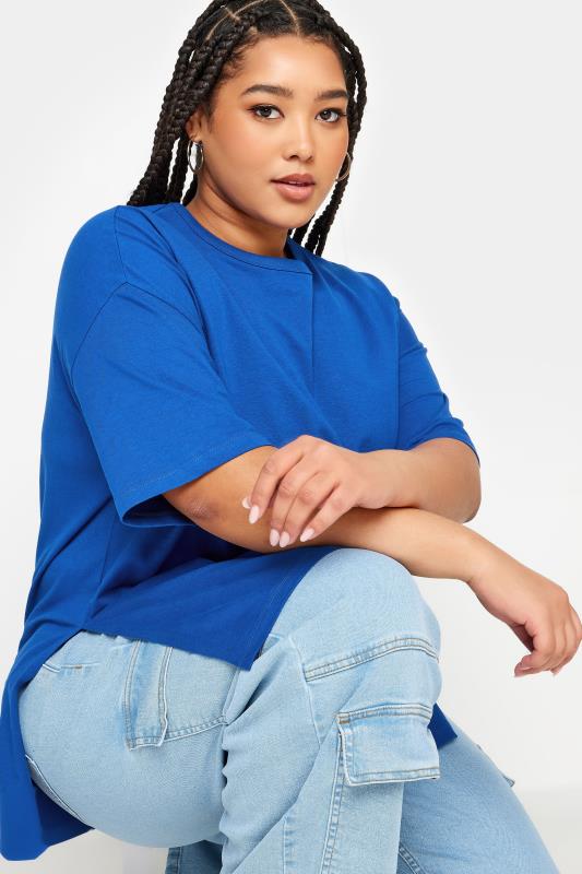 YOURS Plus Size Cobalt Blue Split Hem Oversized T-Shirt | Yours Clothing 4