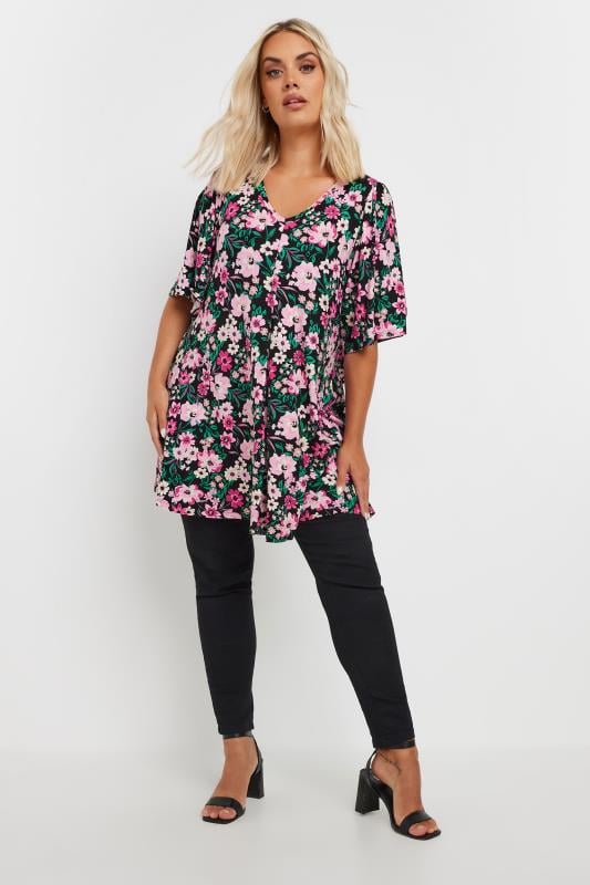 YOURS Plus Size Black Floral Print Angel Sleeve Swing Top | Yours Clothing 2