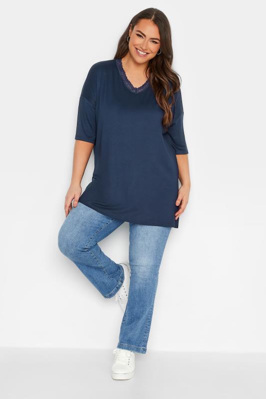 YOURS Plus Size Curve Navy Blue Lace Collar T-Shirt | Yours Clothing  2