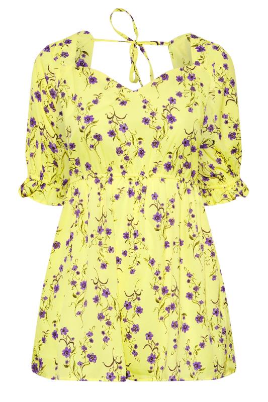 Curve Yellow Floral Print Sweetheart Puff Sleeve Top 6