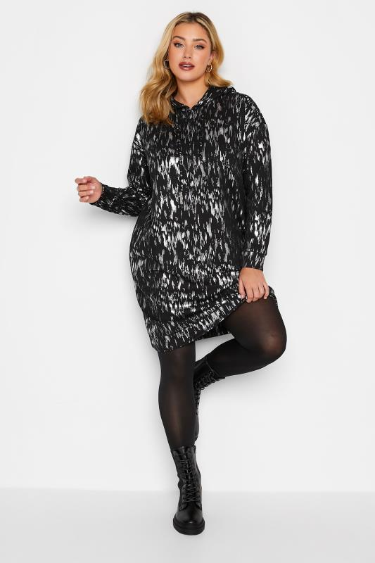 YOURS LUXURY Curve Black Foil Printed Hoodie Dress | Yours Clothing 3