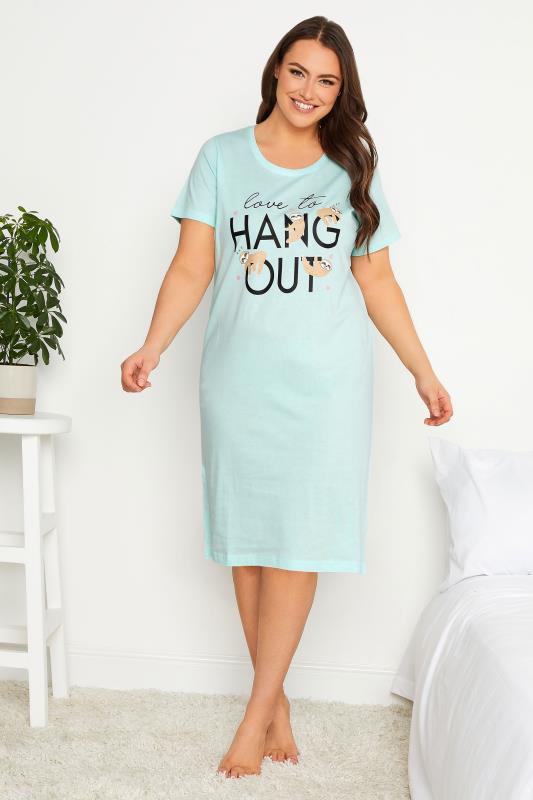 Plus Size  YOURS Curve Light Blue 'Love To Hang Out' Slogan Sloth Print Nightdress