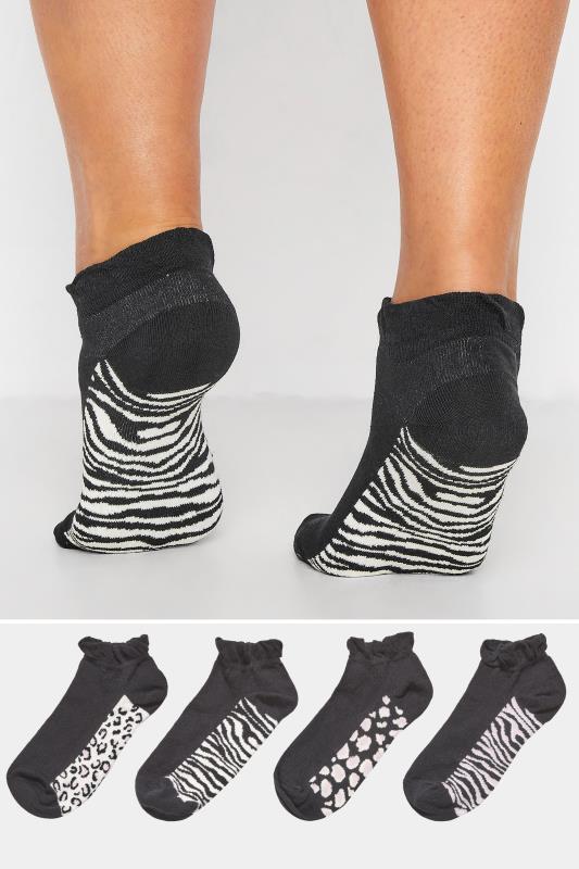  4 PACK Black Animal Print Trainer Liner Socks