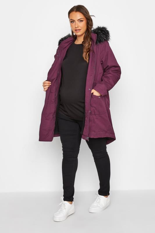 BUMP IT UP MATERNITY Plus Size Berry Red Parka Coat | Yours Clothing 3
