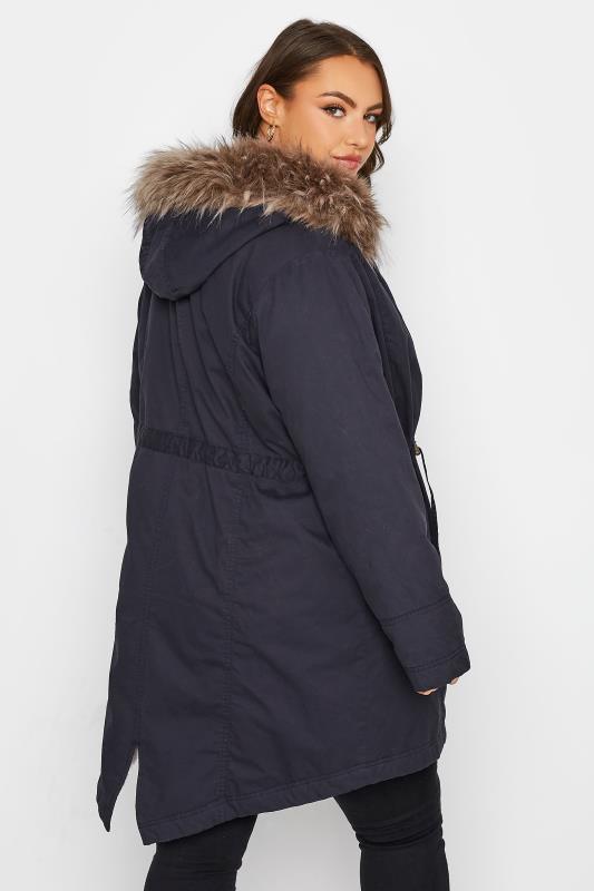 Curve Navy Blue Faux Fur Lined Hooded Parka 4