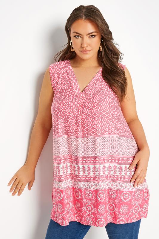 Curve Pink Aztec Print Inverted Pleat Vest Top | Yours Clothing 1
