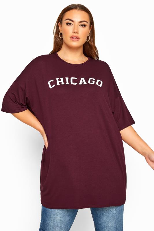 Plus Size Jersey Tops LIMITED COLLECTION Plum 'Chicago' Slogan Oversized Top