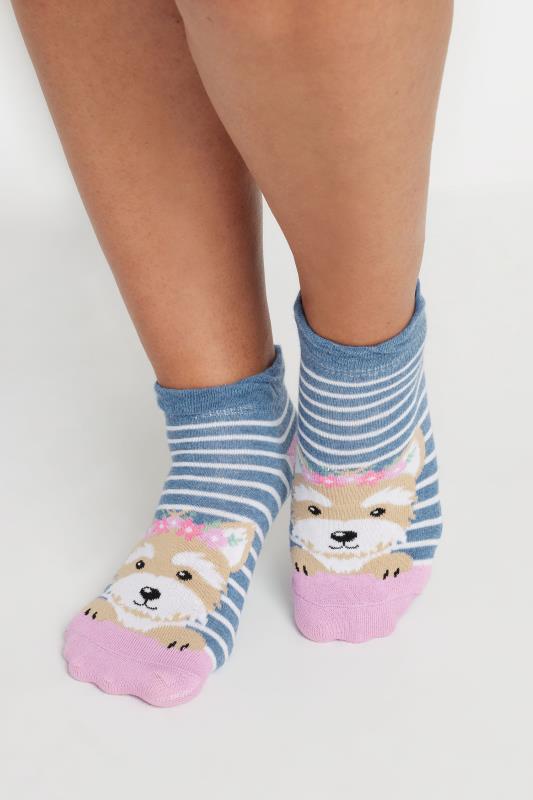 4 PACK Blue & Pink Dog Print Trainer Socks | Yours Clothing 2