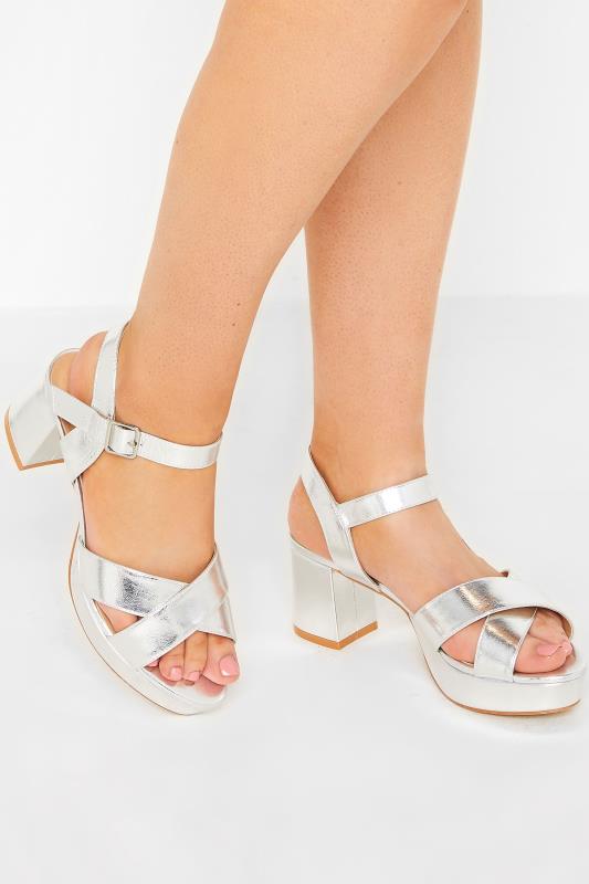Silver Metallic Platform Heels In Wide E Fit & Extra Wide EEE Fit | Yours Clothing 1