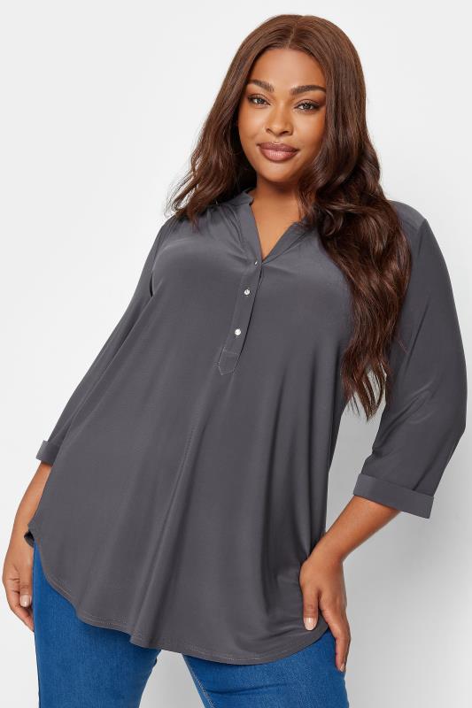 YOURS Curve Plus Size Grey Half Placket Shirt | Yours Clothing  1