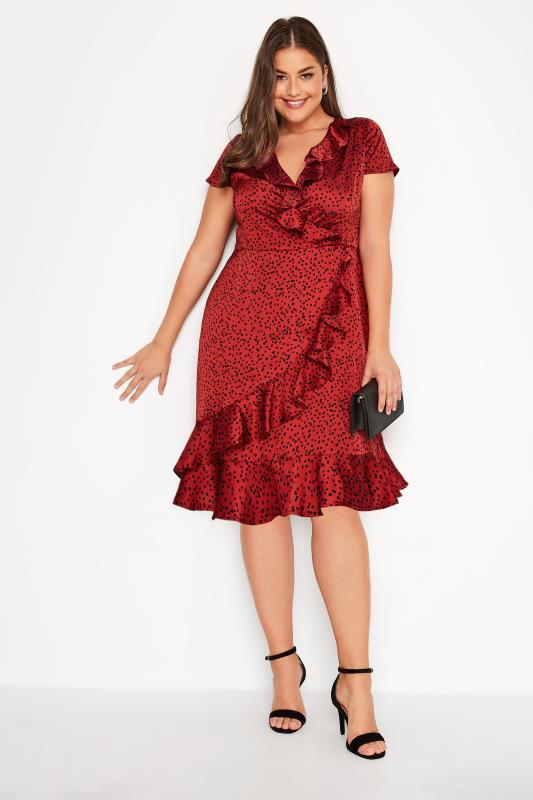 Plus Size  YOURS LONDON Curve Dark Red Dalmatian Satin Wrap Dress