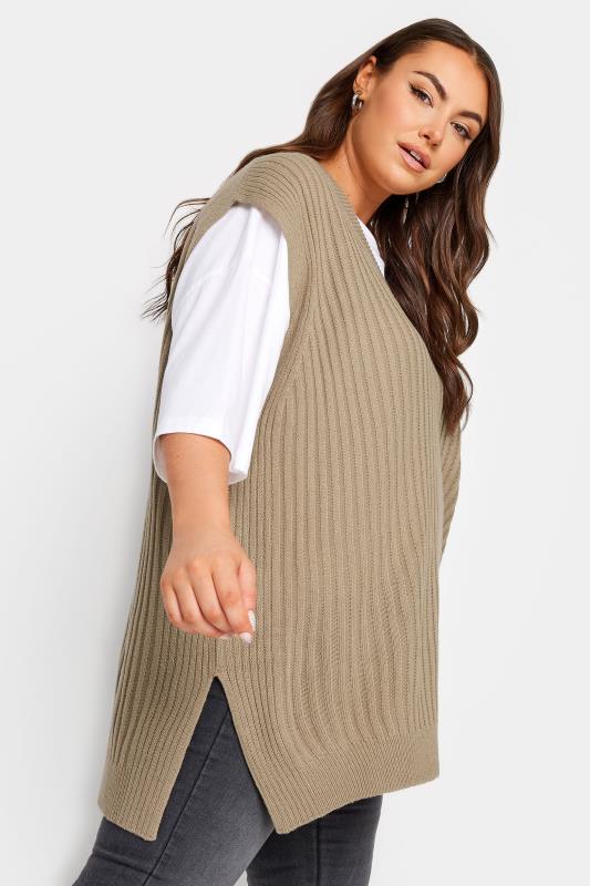 YOURS Plus Size Beige Brown Side Split Knitted Vest Top | Yours Clothing 6